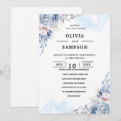 Invitation White blue elegant wedding (Devant / Derrière)