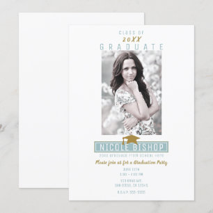 Invitation White Blue Gold Modern Photo Party