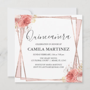 Invitation White Blush Rose Gold Quinceanera Party