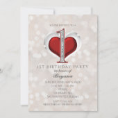 Invitation White Bokeh & Red Valentine Glam 1er anniversaire (Devant)