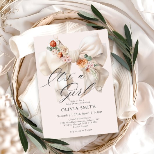 Invitation White Bow C'est une fille Baby shower floral