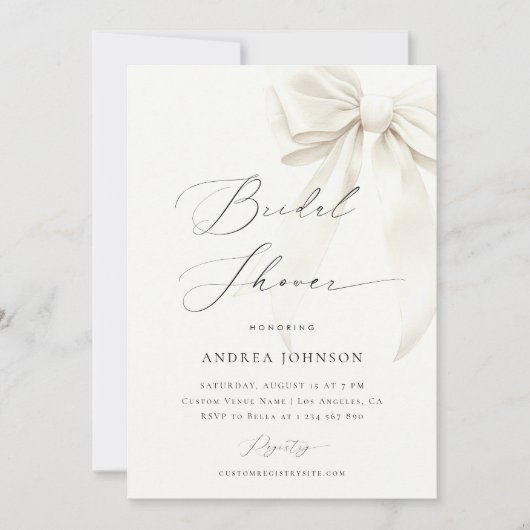 Invitation White Bow Elegant Script Classy Chic Bridal Shower (Devant)