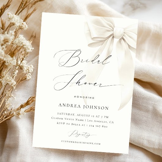 Invitation White Bow Elegant Script Classy Chic Bridal Shower