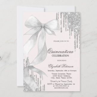 Invitation White Bow Silver Glitter Drips Quinceañera