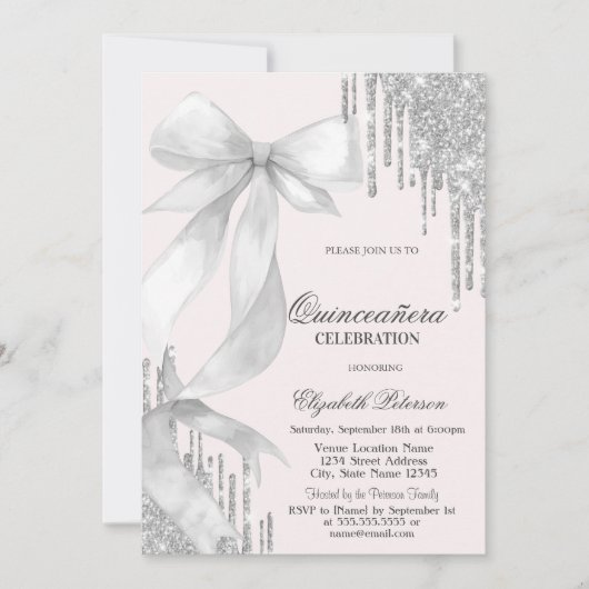 Invitation White Bow Silver Glitter Drips Quinceañera (Devant)