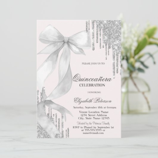Invitation White Bow Silver Glitter Drips Quinceañera (Debout devant)
