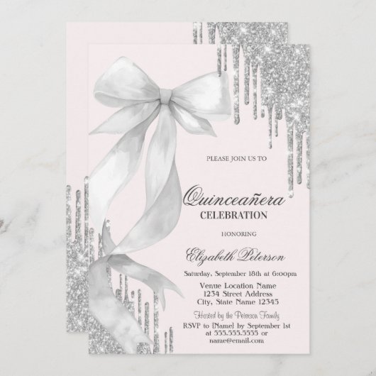 Invitation White Bow Silver Glitter Drips Quinceañera (Devant / Derrière)