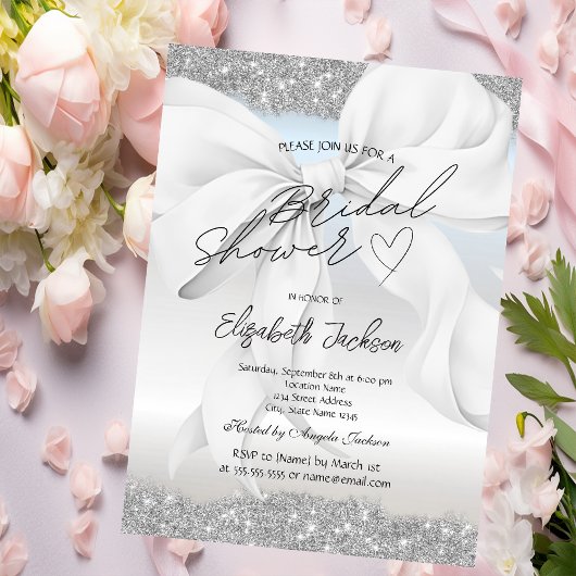 Invitation White Bow Silver Sparkle Glitter Bridal Shower