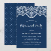 Invitation White Brocade Lace Navy Blue Retirement Party (Devant / Derrière)