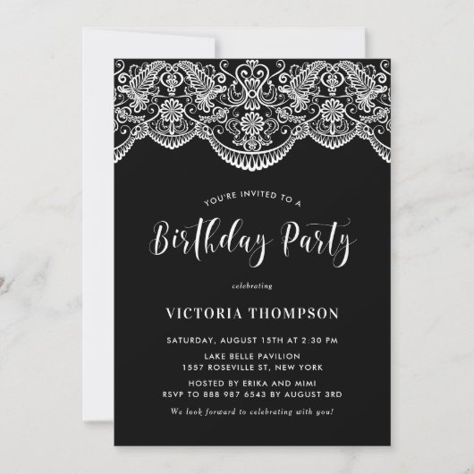Invitation White Brocade Lace Noir fête d'anniversaire (Devant)
