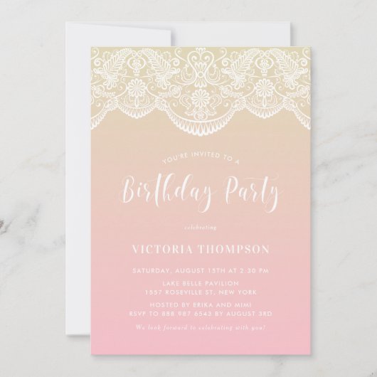 Invitation White Brocade Lace Pink Ombre fête d'anniversaire (Devant)