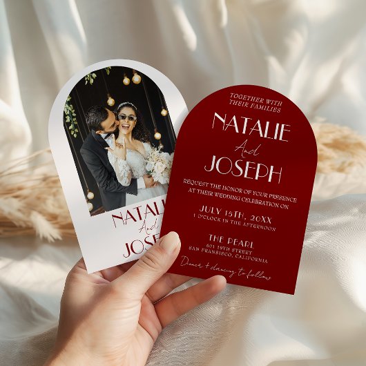Invitation White Burgundy Minimalist Photo Arched Wedding