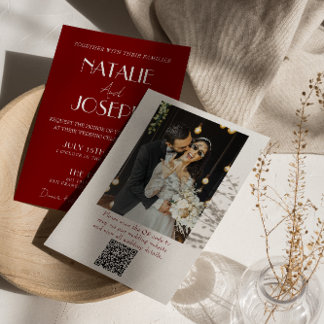 Invitation White Burgundy Minimalist QR Code Photo Wedding