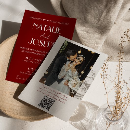 Invitation White Burgundy Minimalist QR Code Photo Wedding