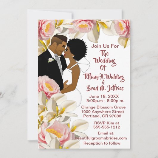 Invitation White Calla Lily & Peony Mariage afro-américain (Devant)