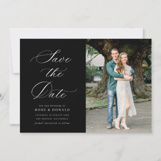 Invitation White calligraphy black wedding save the date card (Devant)