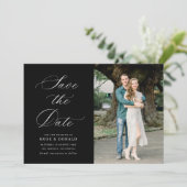 Invitation White calligraphy black wedding save the date card (Debout devant)
