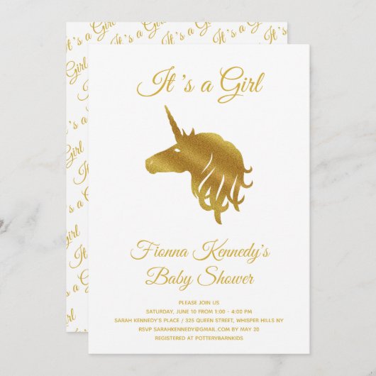 Invitation White C'est une fille Unicorn Baby shower Invitati (Devant / Derrière)