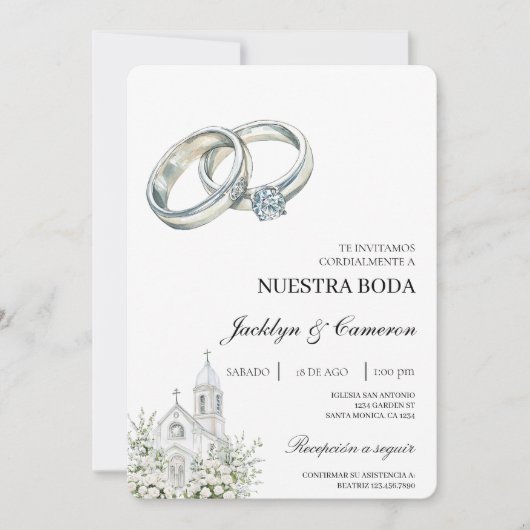 Invitation White church with ring Spanish Wedding (Devant)