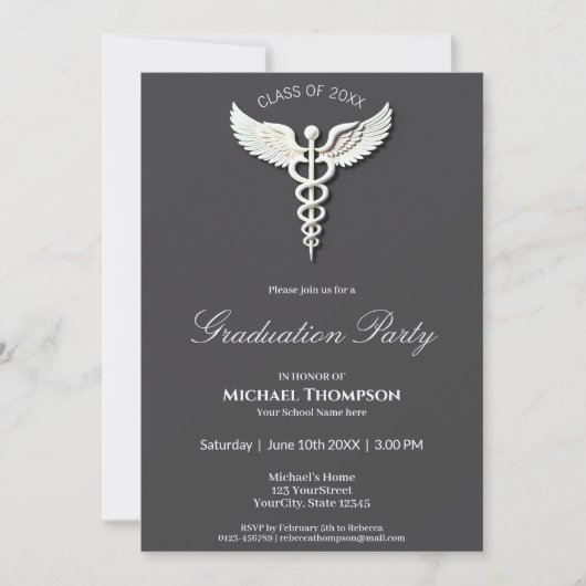 Invitation White Clean Caduceus Médicale Graduation Invitatio (Devant)