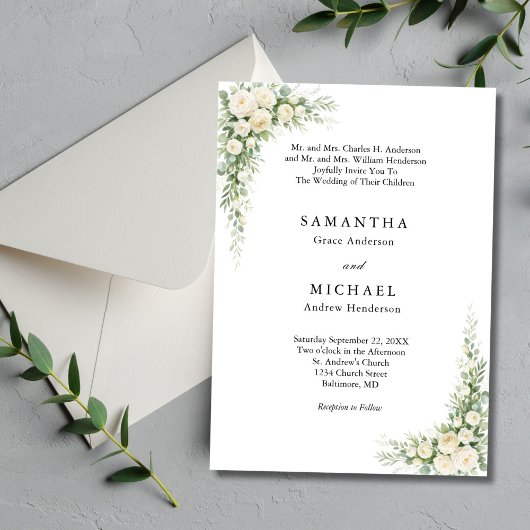 Invitation White Cream Florals Both Parents Names Wedding