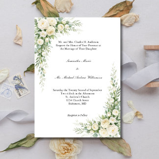 Invitation White Cream Florals Traditional Church Wedding