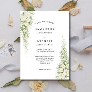 Invitation White Cream Roses Florals Wedding Modern Elegant