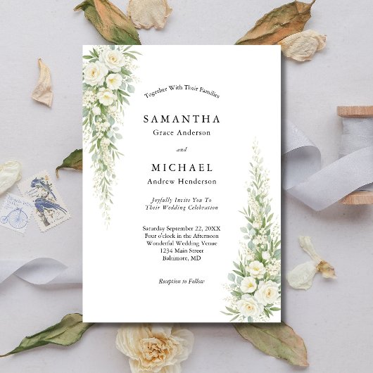 Invitation White Cream Roses Florals Wedding Modern Elegant
