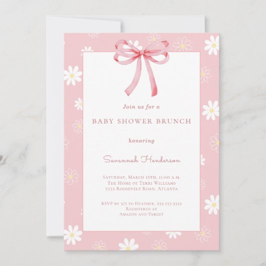 Invitation White Daisies Pink Bow Ribbon Baby Shower Brunch  (Devant)