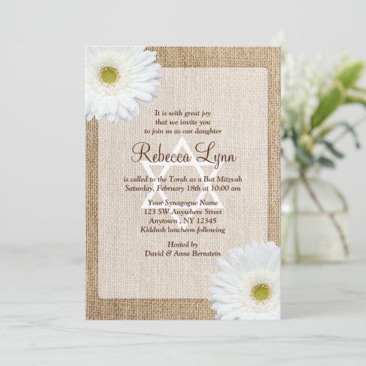 Invitation White Daisy Rustic Burlap Western Bat mitzvah (Debout devant)