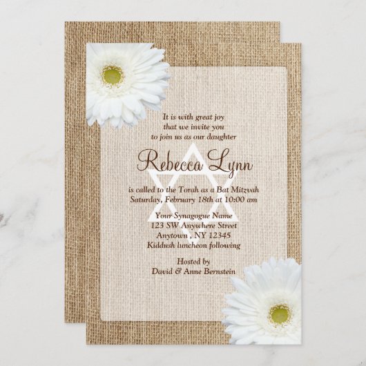 Invitation White Daisy Rustic Burlap Western Bat mitzvah (Devant / Derrière)