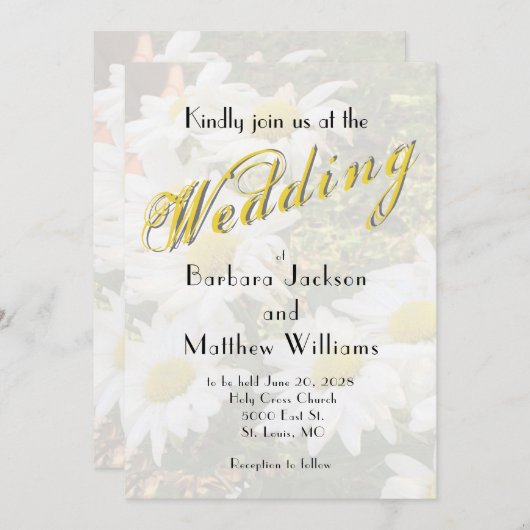 Invitation White Daisy Yellow Gold Script BoHo Printemps Mari (Devant / Derrière)