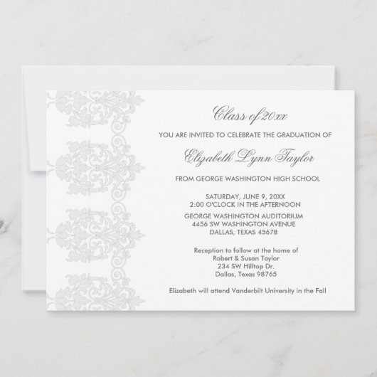 Invitation White Damask White Graduation Annonces (Devant)
