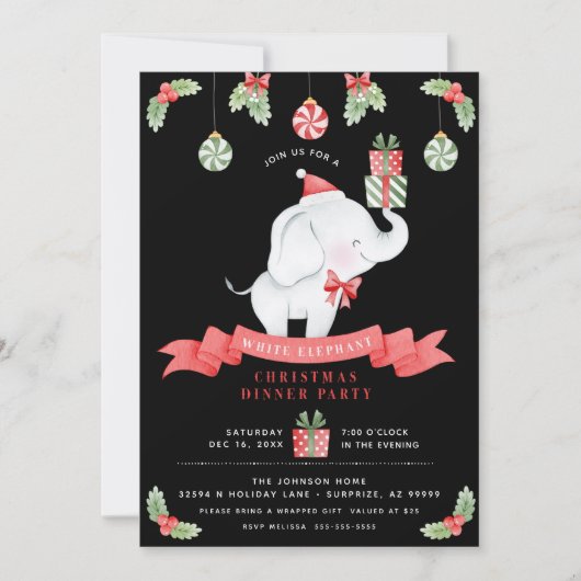 Invitation White Elephant Noël Diner Échange de cadeaux (Devant)