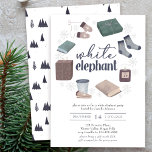 Invitation White Elephant Winter Wreath Gieréchange Party<br><div class="desc">Fête d'échange de cadeaux d'éléphants blancs que vous pouvez customiser avec vos propres règles et instructions. Aquarelle avec titre manuscrit et couronne en style hygge scandinave avec flocons de neige. Design neutre dans les tons vert, bleu brun et gris - parfait pour le thème de Noël rustique ou de fête...</div>