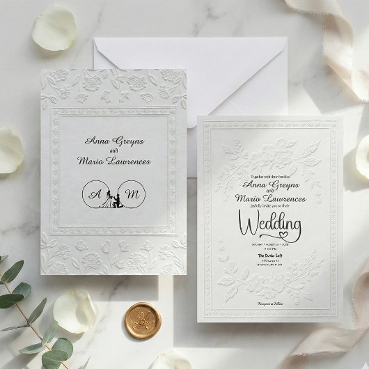 Invitation White Faux Embossed Floral Relief Formal Wedding 