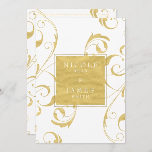 Invitation White & Faux Gold Floral Swirl Mariage élégant (Devant / Derrière)