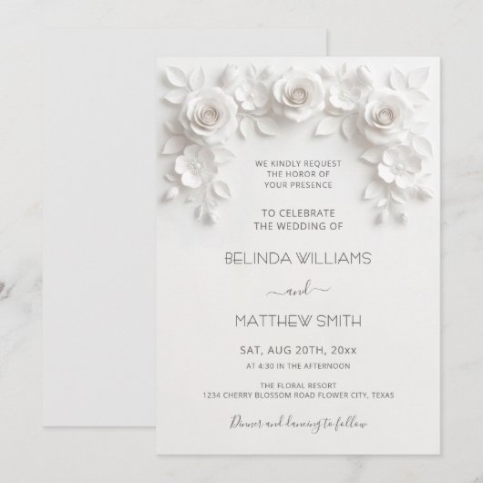 Invitation White Faux Relief Roses Frame Wedding Minimalist (Devant / Derrière)