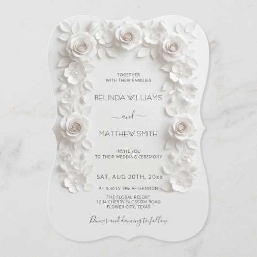 Invitation White Faux Relief Roses Frame Wedding Minimalist (Devant)