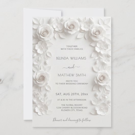 Invitation White Faux Relief Roses Frame Wedding Minimalist (Devant)