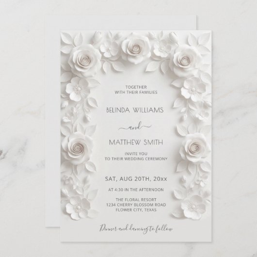 Invitation White Faux Relief Roses Frame Wedding Minimalist (Devant / Derrière)