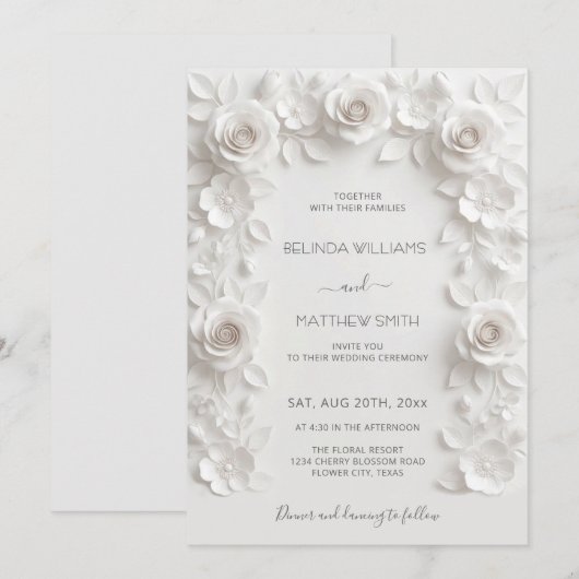 Invitation White Faux Relief Roses Frame Wedding Minimalist (Devant / Derrière)