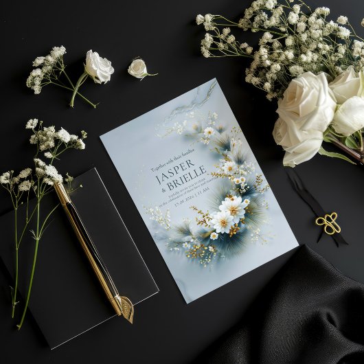 Invitation White Floral and Blue Pine Gold Wreath Wedding