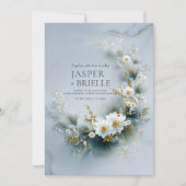 Invitation White Floral and Blue Pine Gold Wreath Wedding (Devant)