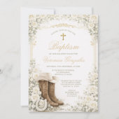 Invitation White Floral Baptism Invite with Cowboy Boots (Devant)