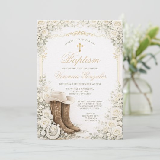 Invitation White Floral Baptism Invite with Cowboy Boots (Debout devant)