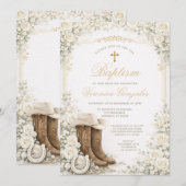 Invitation White Floral Baptism Invite with Cowboy Boots (Devant / Derrière)