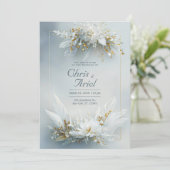 Invitation White Floral Feather Gold Frame Elegant Wedding (Debout devant)