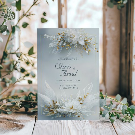 Invitation White Floral Feather Gold Frame Elegant Wedding