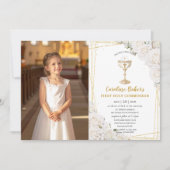 Invitation White Floral First Holy Communion Gold Chalice (Devant)